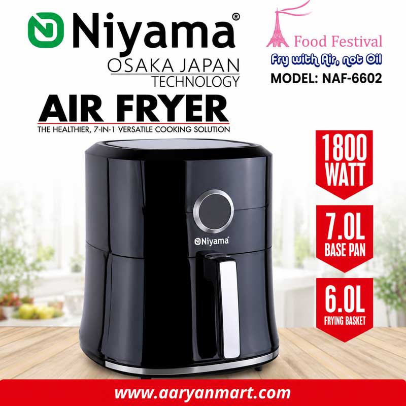 Niyama NAF-6602 black air fryer with 1800W power, 6L frying basket and 7L base pan