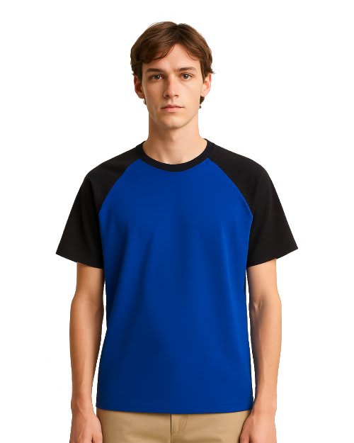 Men’s blue and black raglan t-shirt with breathable cotton fabric and sporty design for casual wear.