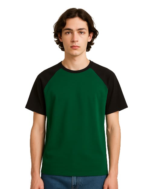 Women's forest green and pitch black 100% cotton crew neck t-shirts on a model.