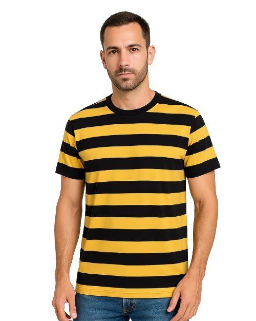 Women's yellow and black horizontal striped 100% cotton crew neck short sleeve t-shirt on a model.