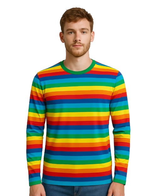 Women's vibrant multi-colored horizontal rainbow striped 100% cotton crew neck short sleeve t-shirt on a model.