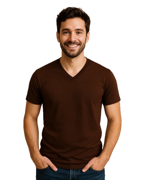 Woman wearing a brown v-neck cotton t-shirt with short sleeves and a relaxed fit, perfect for casual and semi-casual wear.