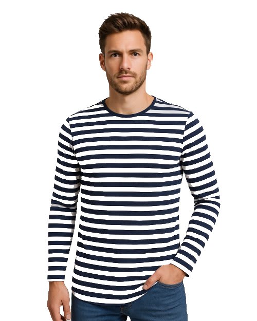 Women's navy and white horizontal striped 100% cotton crew neck short sleeve t-shirt on a model.