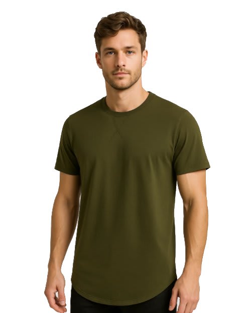 Women's olive green 100% cotton crew neck short sleeve t-shirt with a modern curved hem on a model.