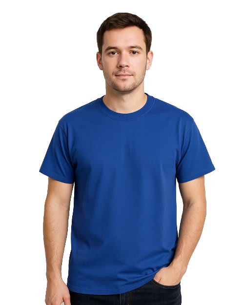 Women's royal blue 100% cotton crew neck short sleeve plain t-shirt on a model.