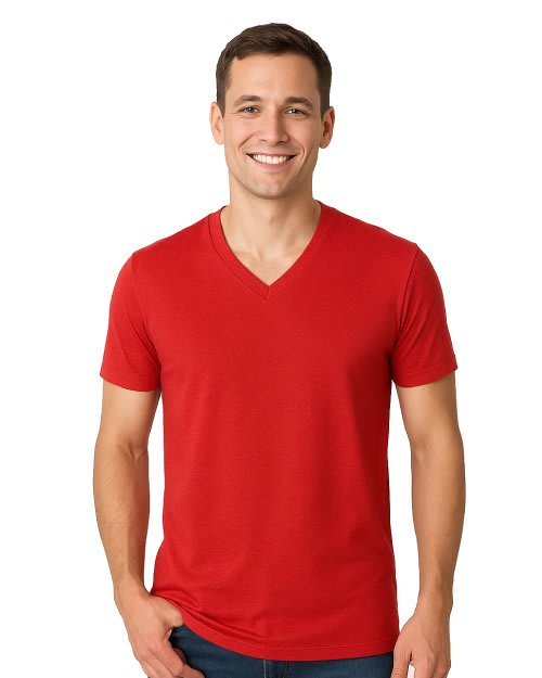 Woman wearing plain red V-neck t-shirt, short sleeve cotton tee for custom printing, casual wear, and promotional apparel.