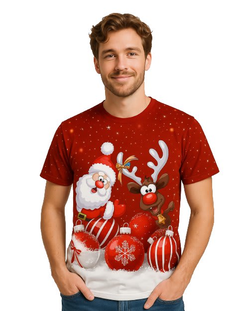 Women's red festive Christmas t-shirt with a large Santa and reindeer graphic on a model.