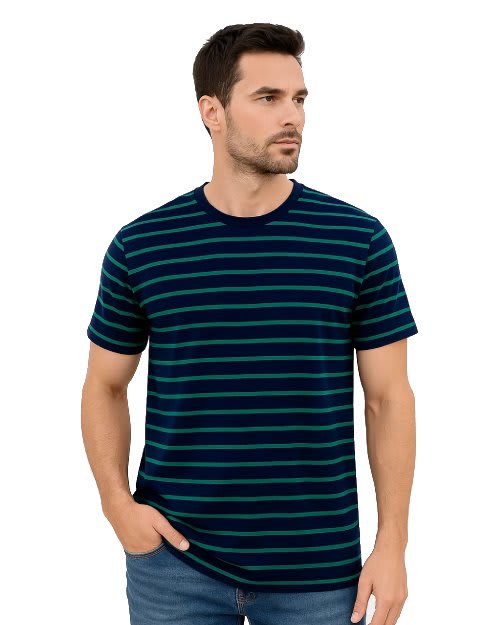 Women's short sleeve green and white horizontal striped cotton t-shirt.