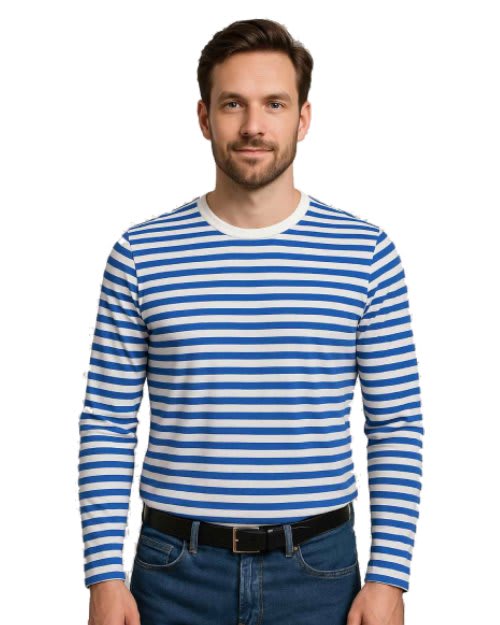 Women's blue and white horizontal striped long sleeve t-shirt with classic crew neck.