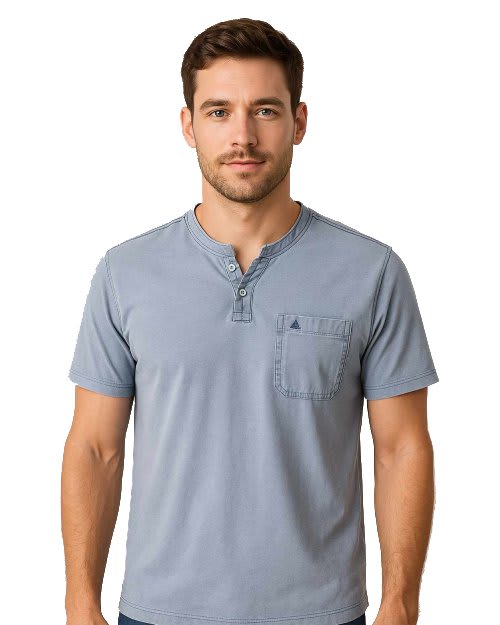 Women's short sleeve dusty blue henley t-shirt with chest pocket and 3-button placket.