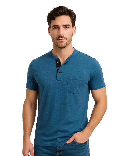 Women's teal blue 100% slub cotton henley t-shirt with 3-button placket and chest pocket on a model.