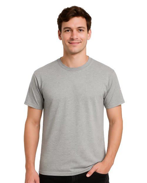 Women's plain heather grey 100% cotton-rich crew neck short sleeve t-shirt on a model.