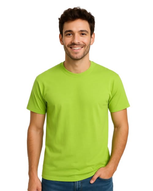 A man wearing a lime green midweight cotton t-shirt with a classic crew neck and short sleeves, perfect for casual summer wear or layering.