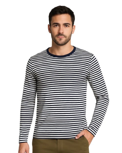 Women's black and white horizontal striped 100% cotton crew neck long sleeve t-shirt on a model.