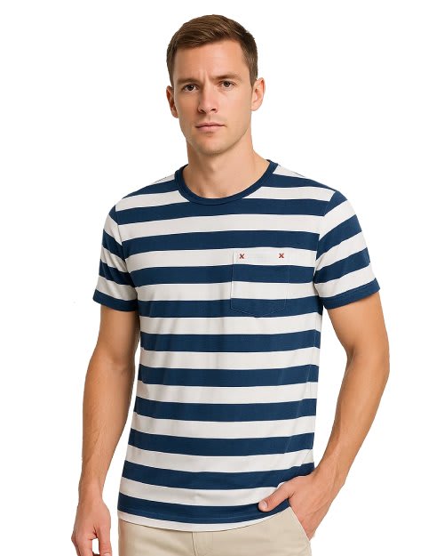 Women's navy blue and white horizontal striped 100% cotton crew neck short sleeve t-shirt with a cross-stitched chest pocket on a model.