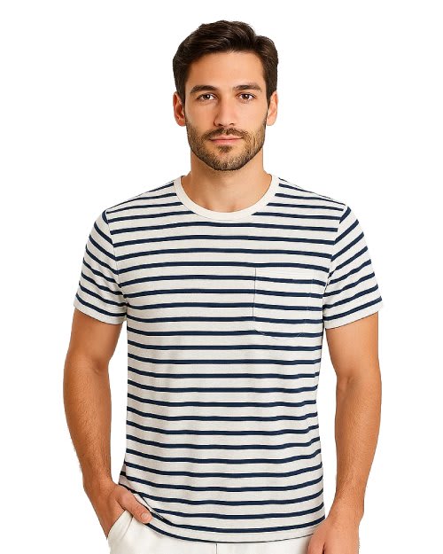Women's navy blue and white horizontal striped 100% cotton crew neck t-shirt with chest pocket on a model.