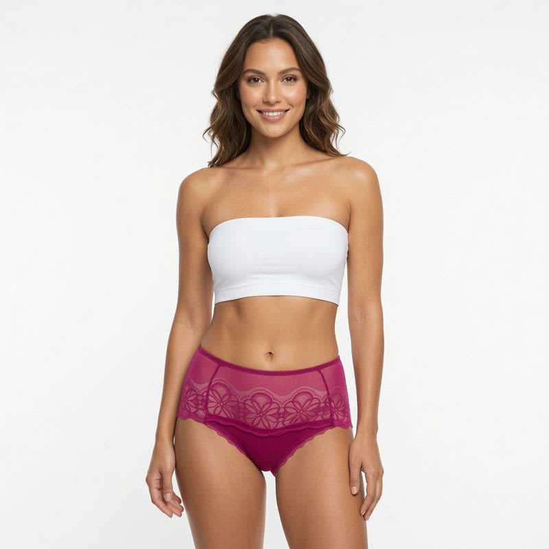 Pink sheer lace mid waist panties for women with floral mesh design and soft stretch lingerie construction
