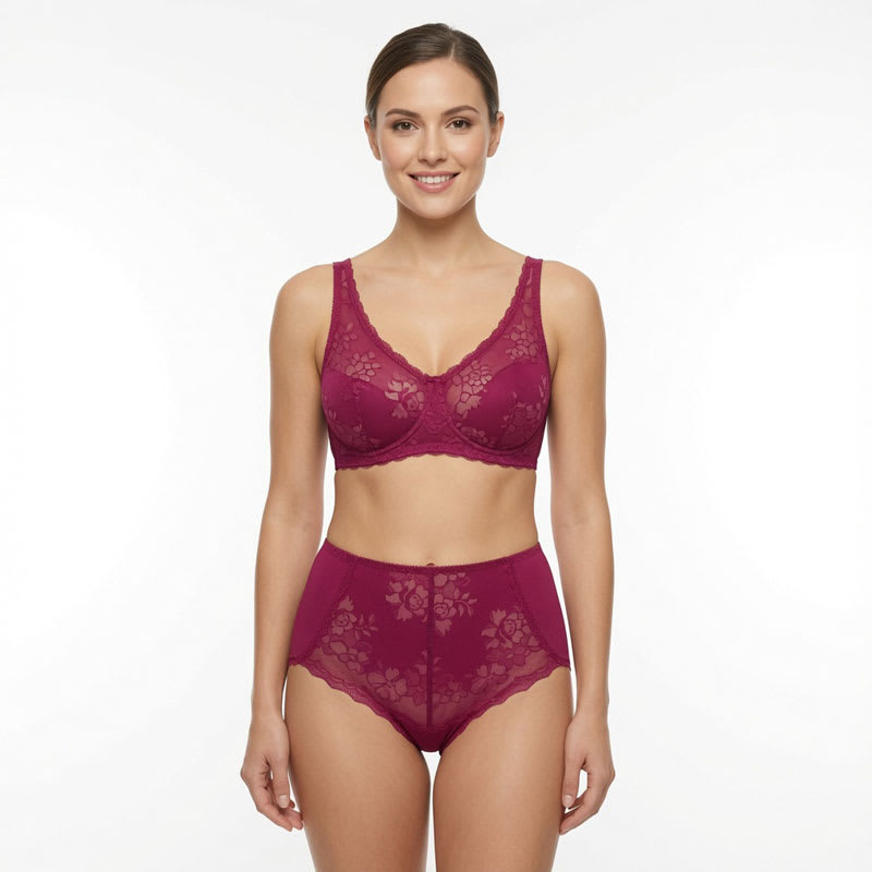 Dark rose soft cotton lace embroidered breathable panties for women with floral sheer front panel and high comfort fit