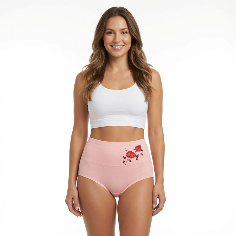Five-piece pack of women’s high-waist cotton panties with rose floral motifs, full coverage and assorted colors