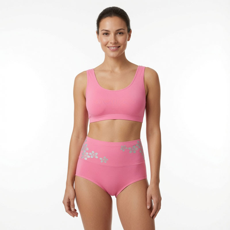 Pink high waist cotton seamless panties for women with silver floral print, full coverage and wide abdomen-control waistband