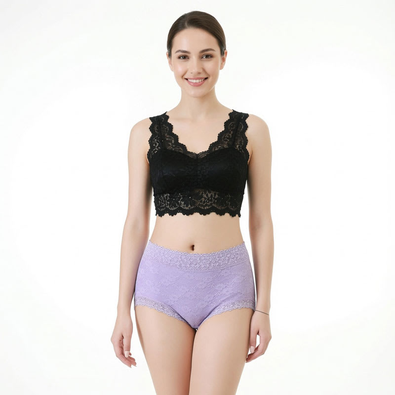 Purple women’s high-waist cotton lace panties with breathable lining, floral pattern, and full hip coverage