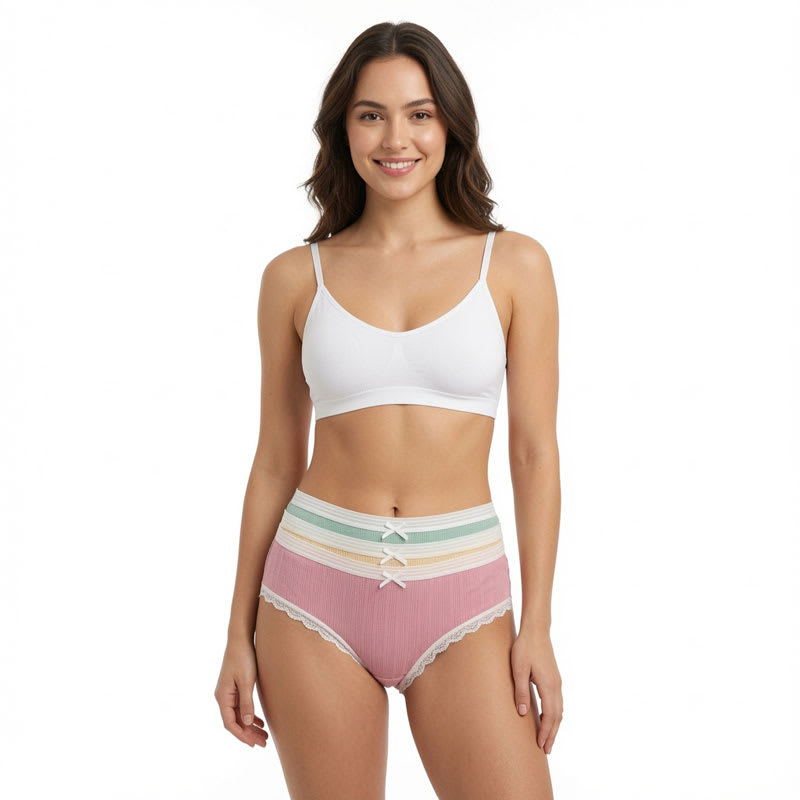 Three-pack of pink, yellow, and mint plus-size cotton panties with ribbed fabric, lace trim, bow detail, and full coverage