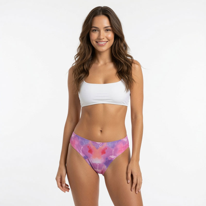 Pink purple tie-dye seamless panties for women with breathable stretch fabric, low waist fit and smooth invisible underwear design.