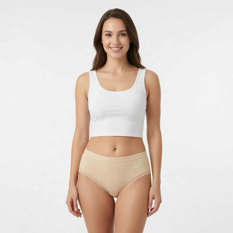 Women's breathable cotton mid waist panties 5-piece set with stripe lace design for everyday comfort and soft stretch fit.