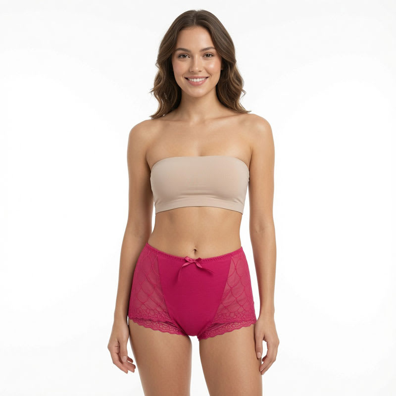 Women's pink high waist lace panties featuring breathable mesh lace sides, stretch fabric, full coverage design, and soft comfortable fit.