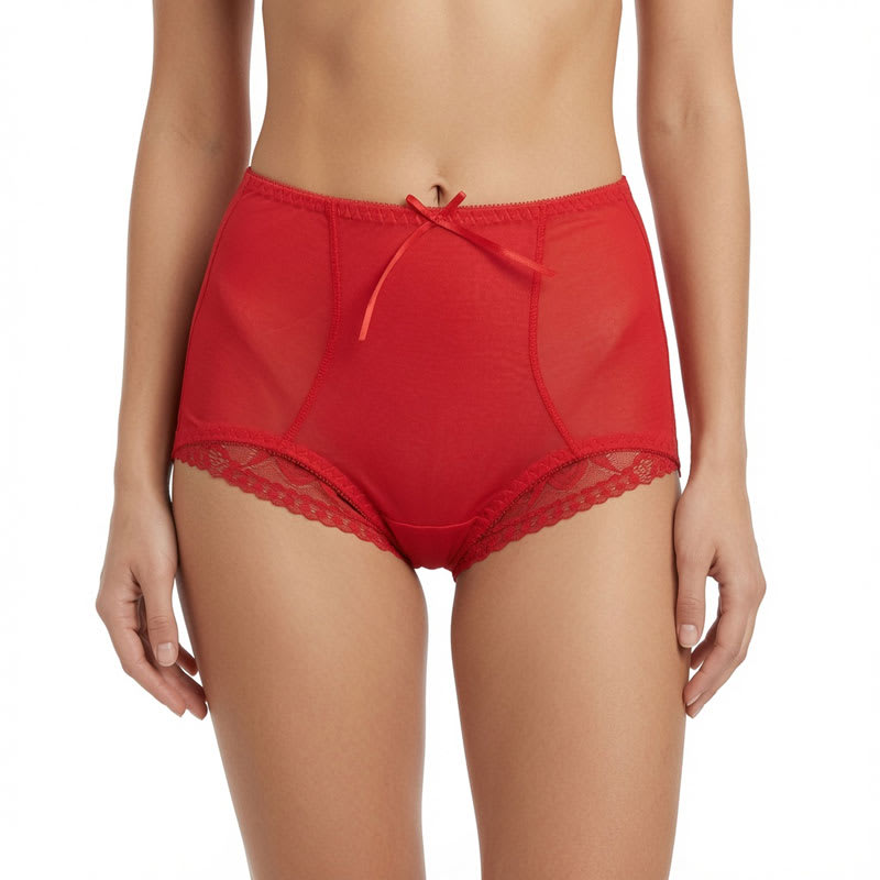 Women's red soft mid waist lace-trim panties with breathable stretch fabric, elegant lace edging, full coverage, and everyday comfort.