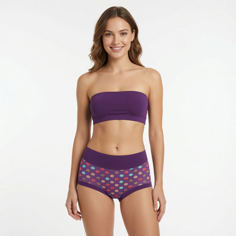 XL-2XL women's purple breathable modal polka dot panties with full coverage, stretch waistband, soft fabric, and moisture-wicking comfort.