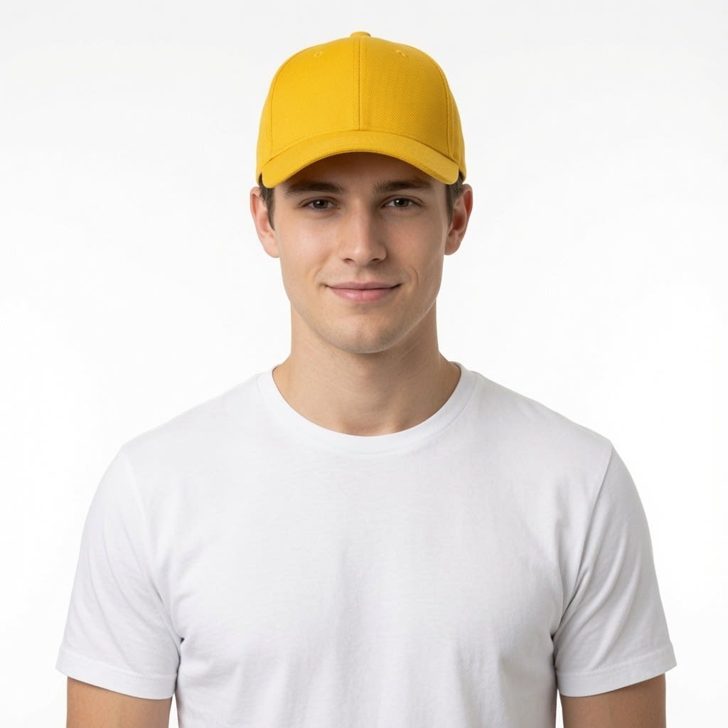 Male model wearing a premium yellow 100% cotton adjustable baseball cap with a plain white crew-neck T-shirt on a pure white studio background for professional e-commerce product photography.
