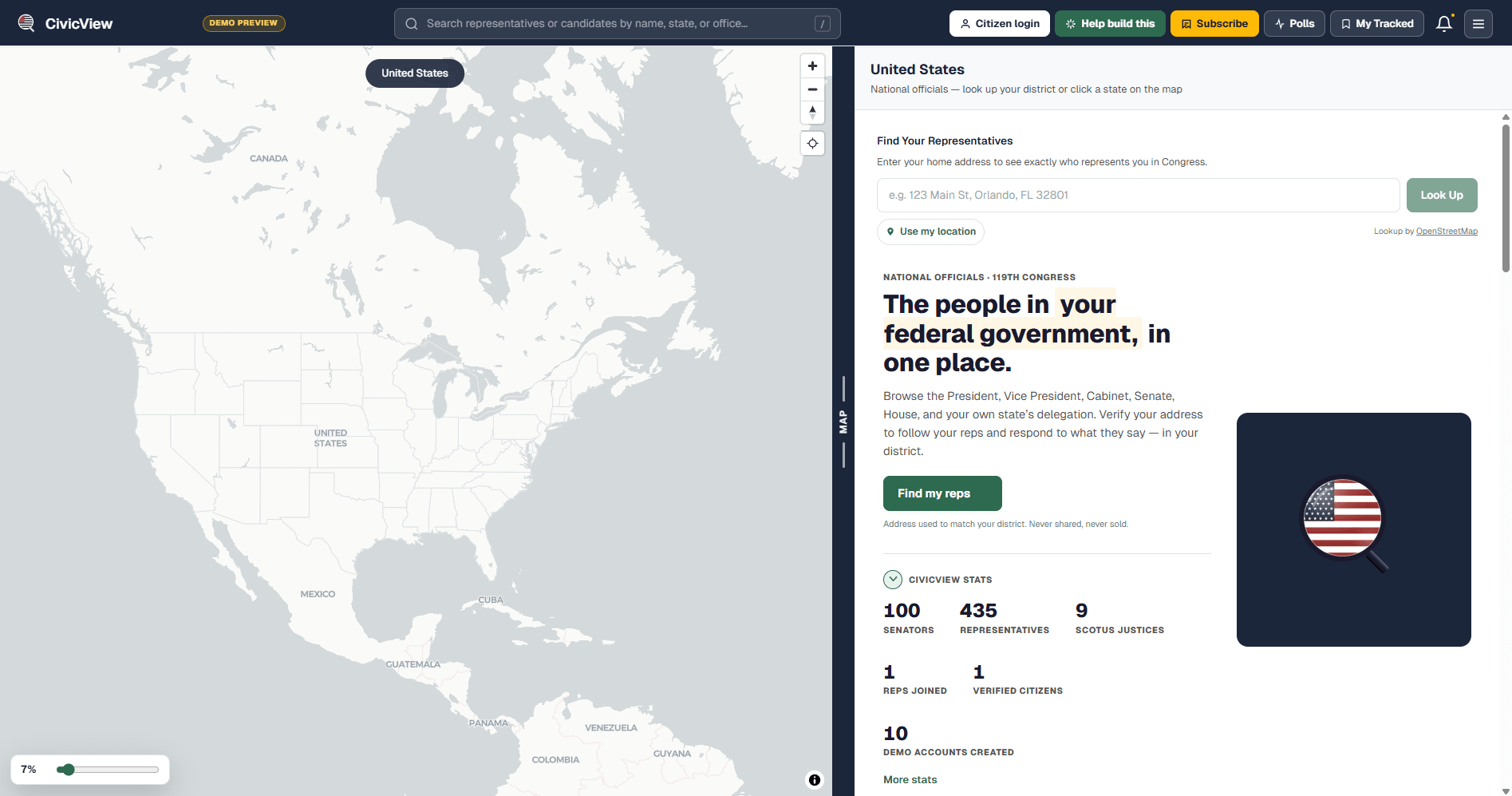 The CivicView home screen — the national map beside the find-your-representatives panel