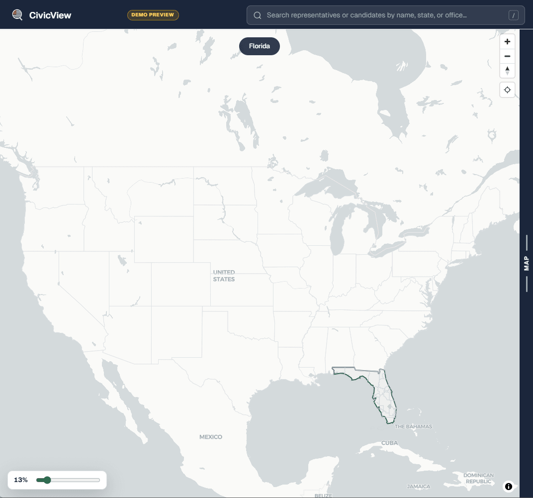 CivicView open on the national map, with Florida selected