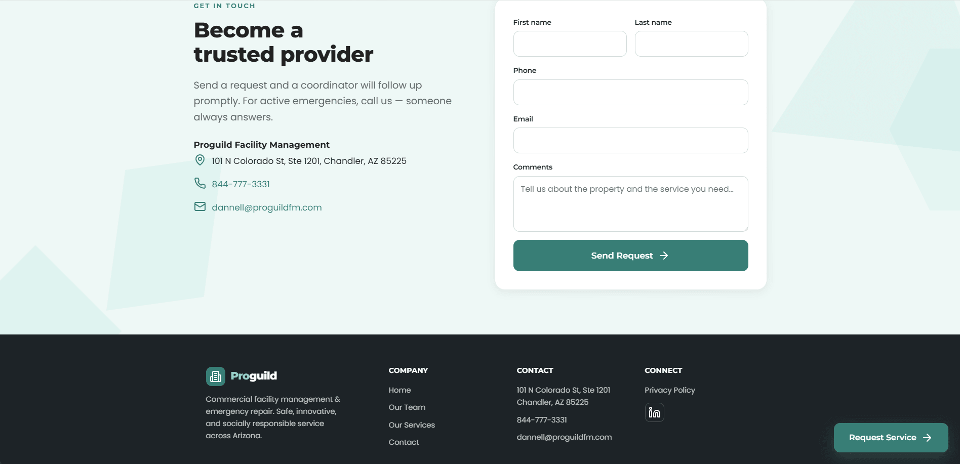 The rebuilt Proguild home page — the contact form