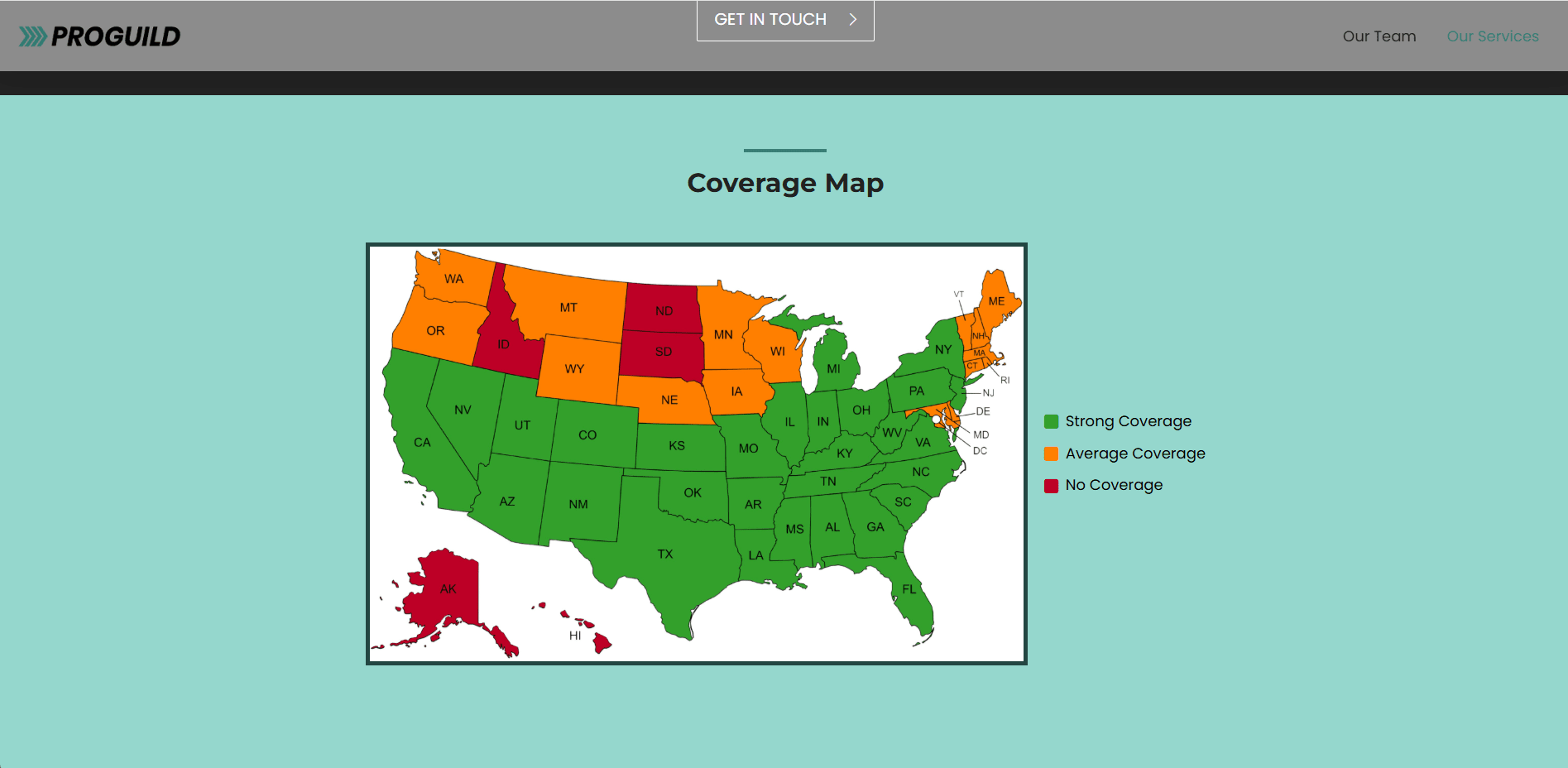 The Proguild home page as it was on WordPress in 2019 — the coverage map