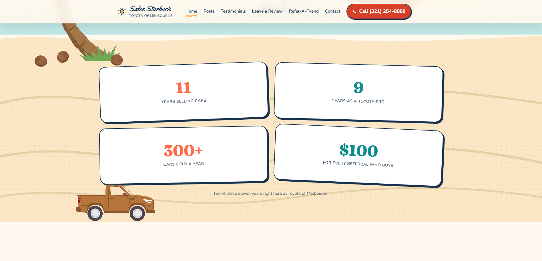 The rebuilt Salee Starbuck site — the stats band