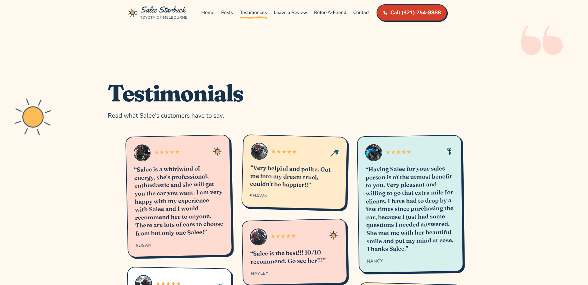 The rebuilt Salee Starbuck site — the testimonials page