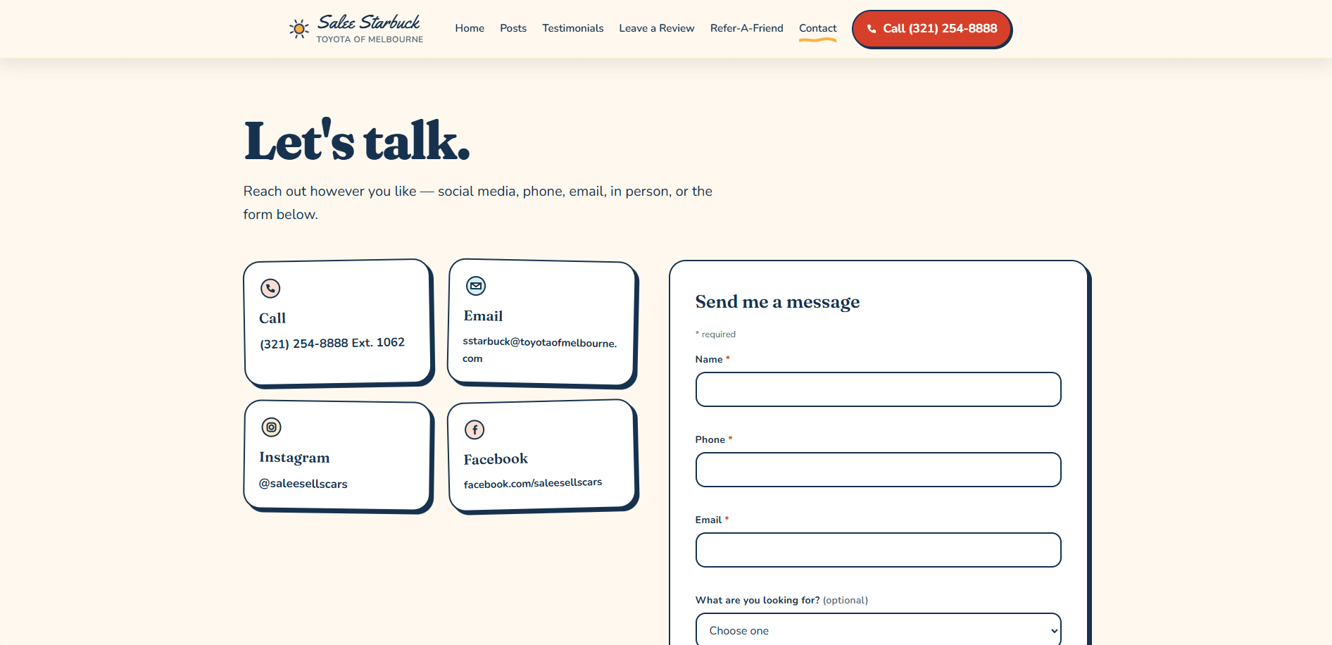 The rebuilt Salee Starbuck site — the contact page