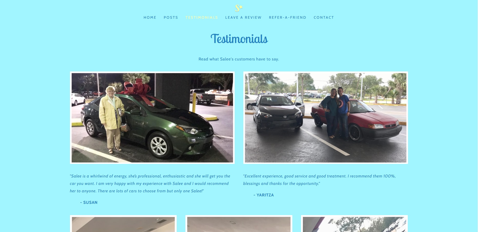 The Salee Starbuck site as it was on Squarespace — the testimonials page