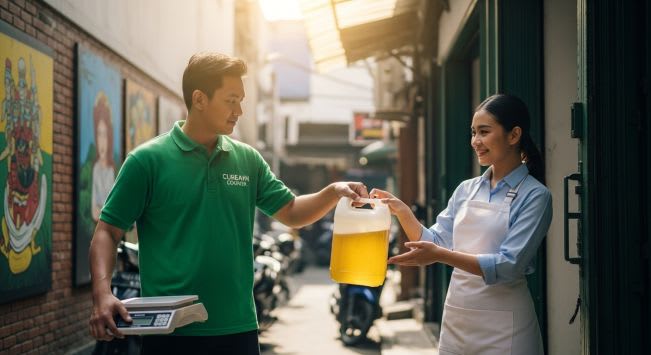 Proses penjemputan dan penimbangan minyak jelantah di lokasi pelanggan Jabodetabek