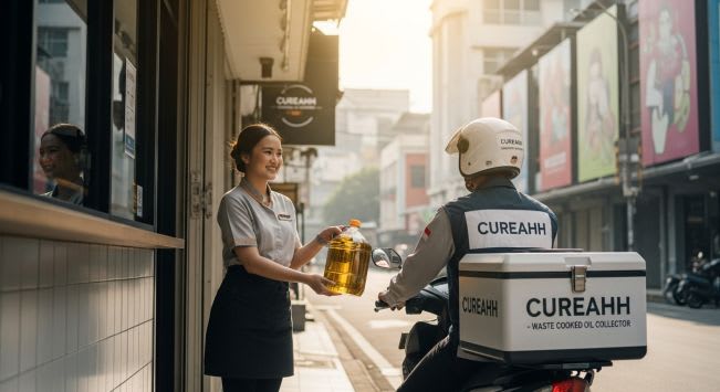 Tim CUREAHH menjemput minyak jelantah di rumah pelanggan Jakarta dengan motor pickup