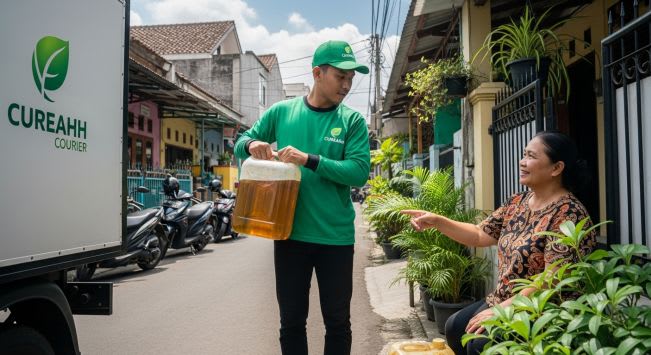 Jerigen minyak jelantah 18 liter dengan uang rupiah menunjukkan nilai ekonomi tinggi dari jual minyak goreng bekas