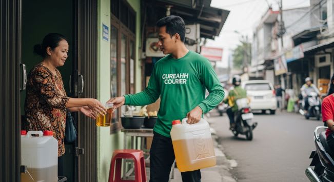 Jerigen plastik 18 liter berisi minyak jelantah berwarna kuning keemasan berkualitas