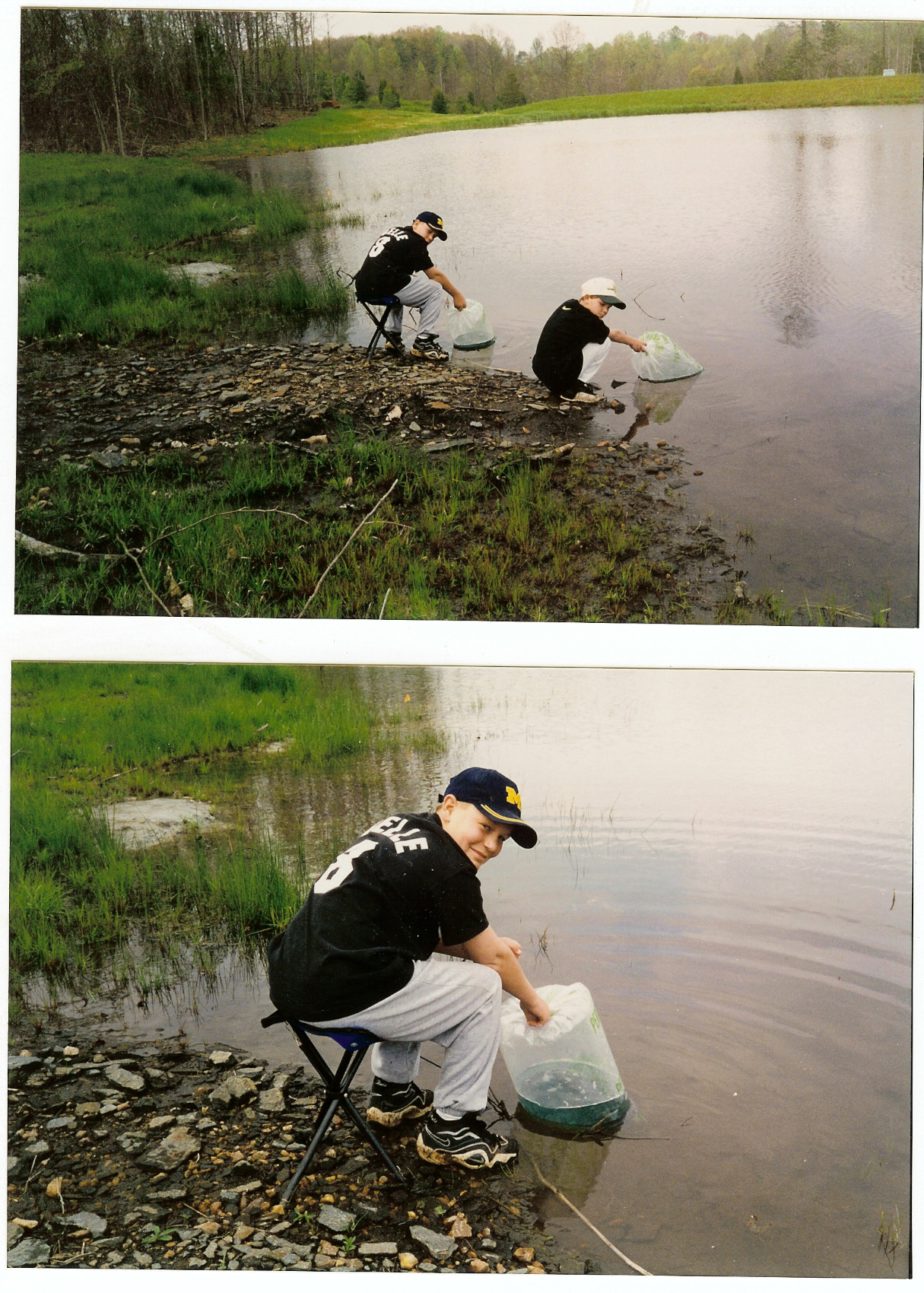 Boys floating fish bags in the Hillcrest pond