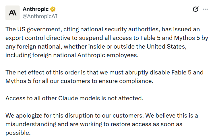 US Government Forces Anthropic to Shut Down Claude Fable 5 and Mythos 5 Worldwide Just Three Days After Launch