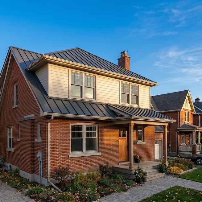 Metal roof installation in Ottawa during sunset