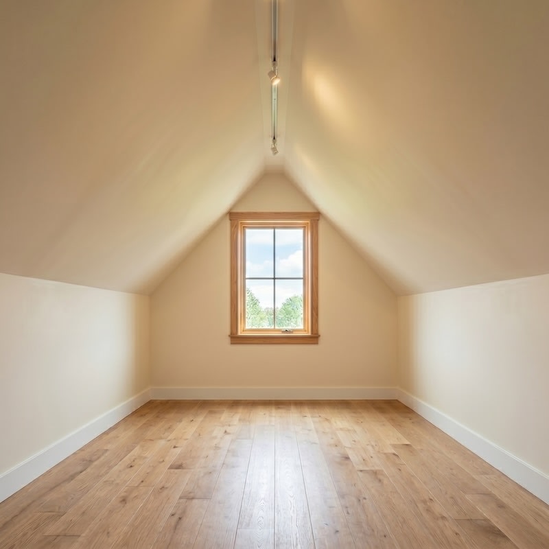 A finished attic room featuring a gable window