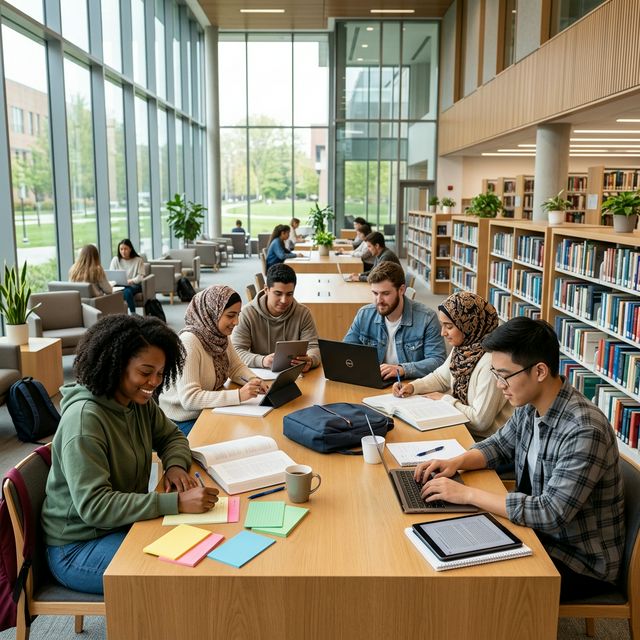Diverse group of college students studying together with digital tablets and physical flashcards in a modern library.