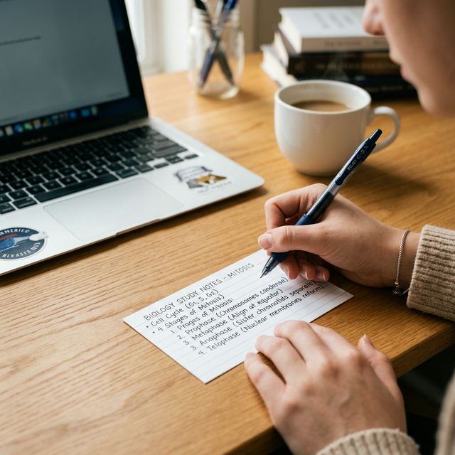 Close-up of a student's hand writing on a physical index card to boost memory encoding.
